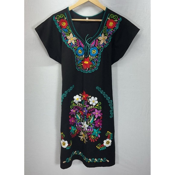 Handmade Dresses & Skirts - Black Embroidered Floral Midi Dress